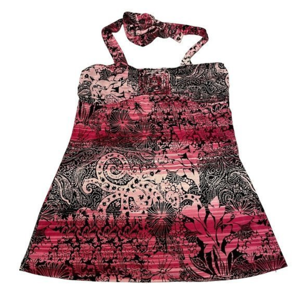 Vanity‎ Pink Black Paisley Floral Halter Top Empire Waist Rosette Y2K Blouse